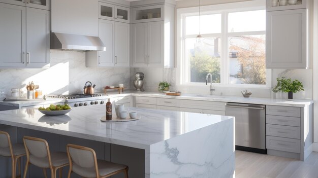 A photo of a modern kitchen with marble countertops natural light