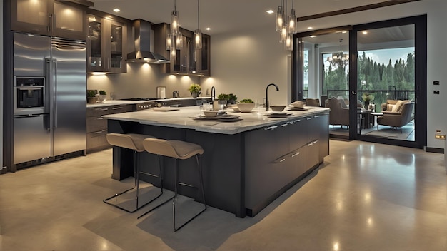 Photo of a modern kitchen with a spacious center island and sleek stainless steel appliances