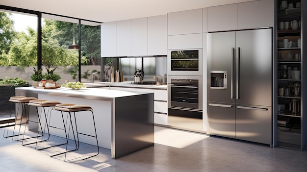 A photo of a modern kitchen with stainless steel appliances clean lines