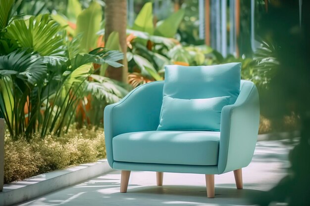 Photo of a modern light blue color armchair alone in the tropical background AI Generative