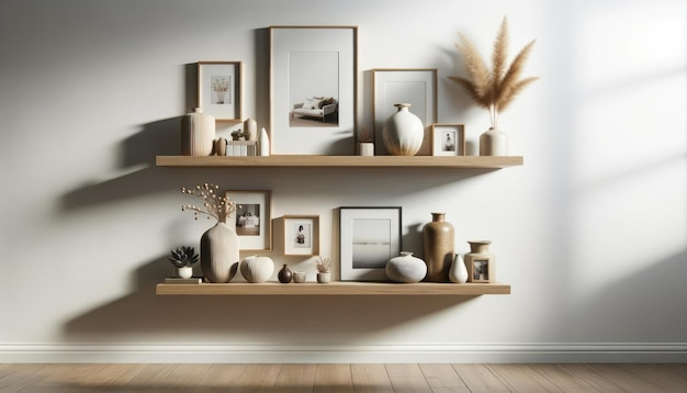 Photo of a modern living room interior showcasing a wooden floating shelf affixed to a pristine wall