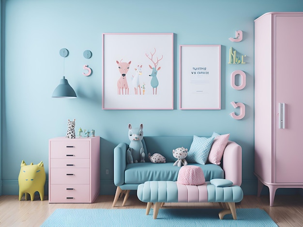 Photo of a modern living room with blue couch and pink accents