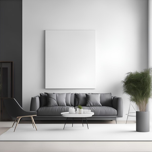 Photo of a modern living room with a gray couch and a white coffee table