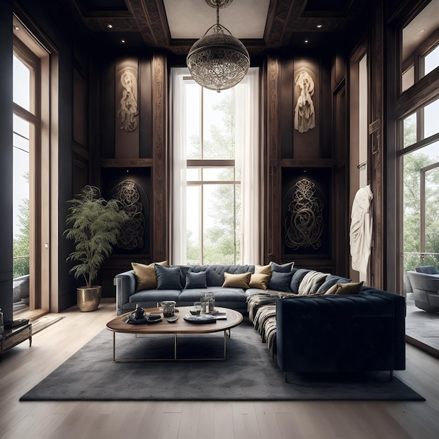 ミニマリストな家具と広大な窓を備えた近代的なリビングルームの写真 AI