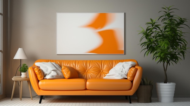 Фото современная гостиная с оранжевым диваном, созданным ИИ