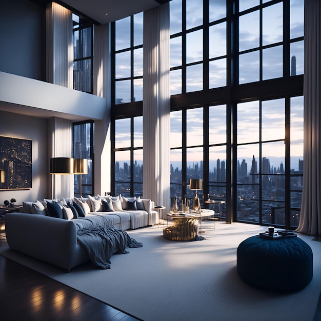 Photo of a modern living room with panoramic city views through large windows