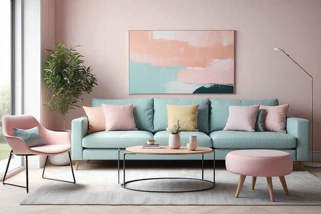 Photo modern living room with pastel colours