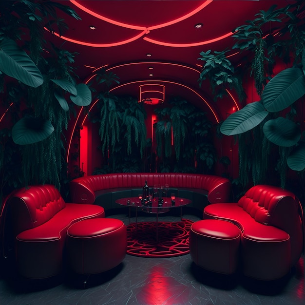 Photo of a modern living room with red lighting and sleek leather furniture