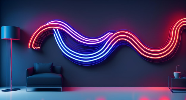 Photo of a modern living room with a stylish couch and a colorful neon wave decoration on the wall