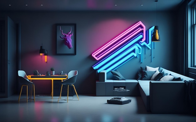 Photo of a modern living room with a vibrant neon sign on the wall