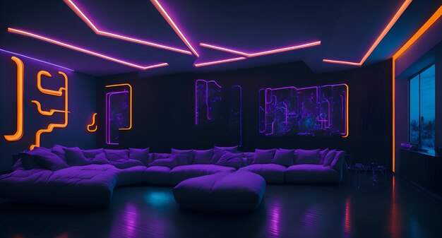Photo of a modern living room with vibrant purple couches and neon lights