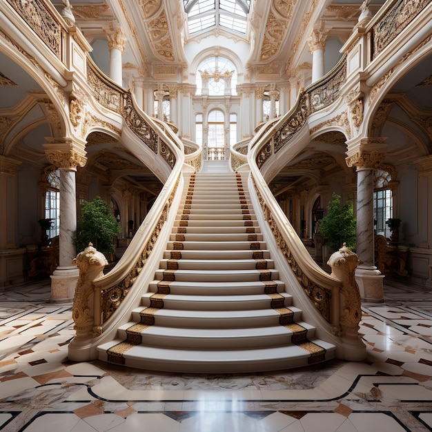 Photo modern luxury white and gold staircase of mansion apartment and outdoor area