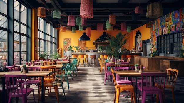 A photo of a modern Mexican eatery with colorful decoration