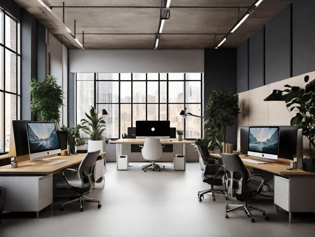 photo modern office space with desktops with modern computers