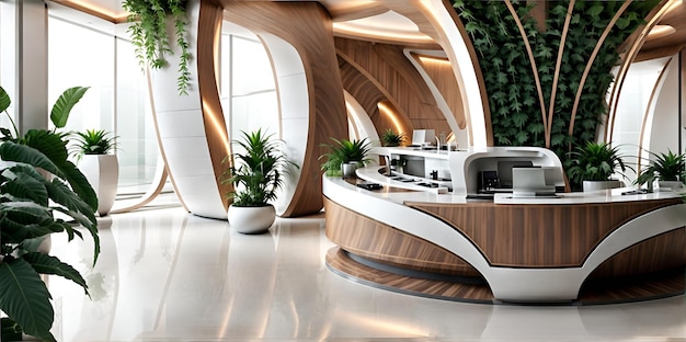Photo of a modern office with a curved desk and plants