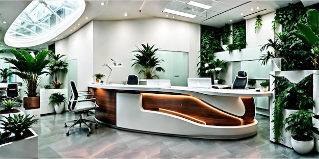 Photo of a modern office with a curved desk and potted plants