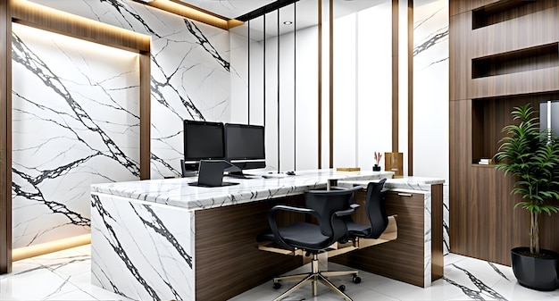 Photo of a modern office with a sleek marble desk and stylish black chairs