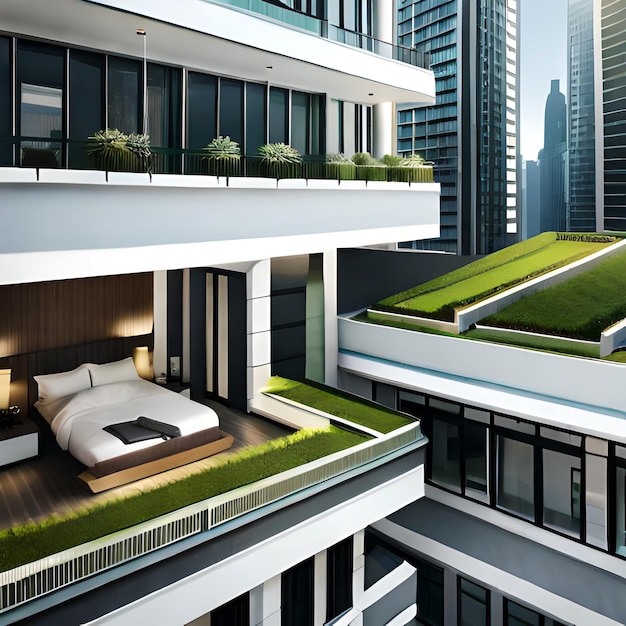 Photo modern residential district with green roof and balcon