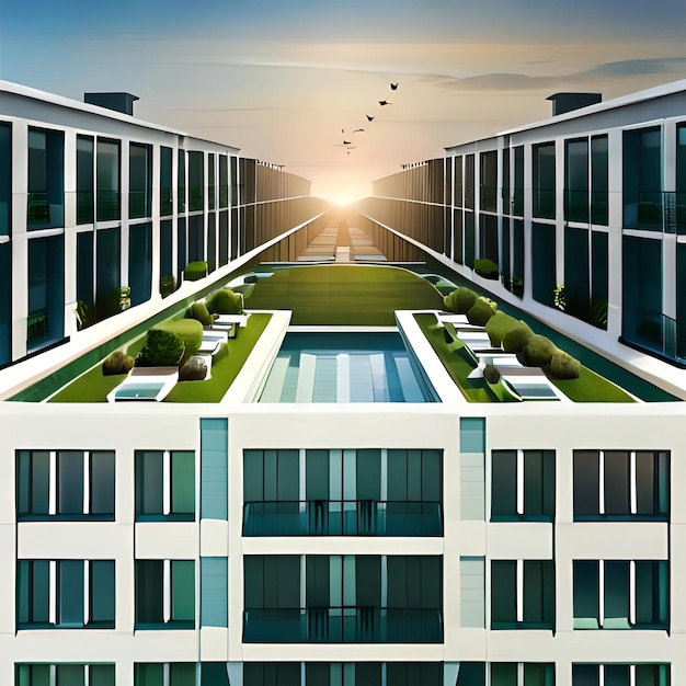 Photo modern residential district with green roof and balcony