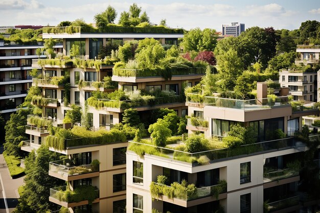 photo modern residential district with green roof