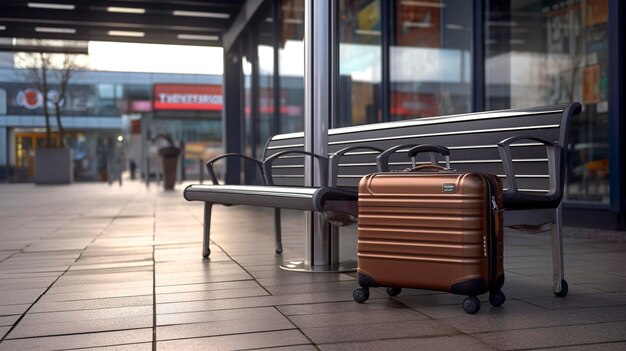 Photo a photo of a modern rolling suitcase at a bus stop