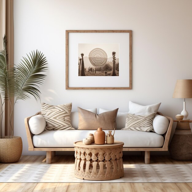 Photo modern Scandinavian living room interior with mock up poster frame