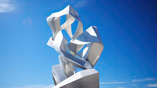 A photo of a modern sculpture against a clear blue sky bright sunlight