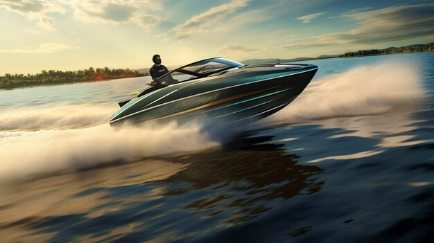 A photo of a modern speedboat pulling a water skies