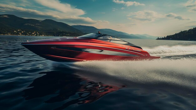 A photo of a modern speedboat pulling a water skies