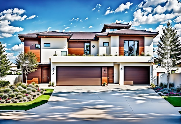 Photo of a modern twostory house with large windows