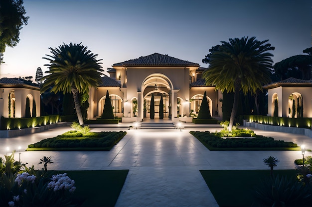 Photo of a modern villa surrounded by lush greenery and connected to a stone walkway