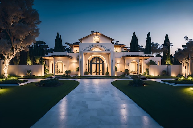 Photo of a modern villa with illuminated walkway at night