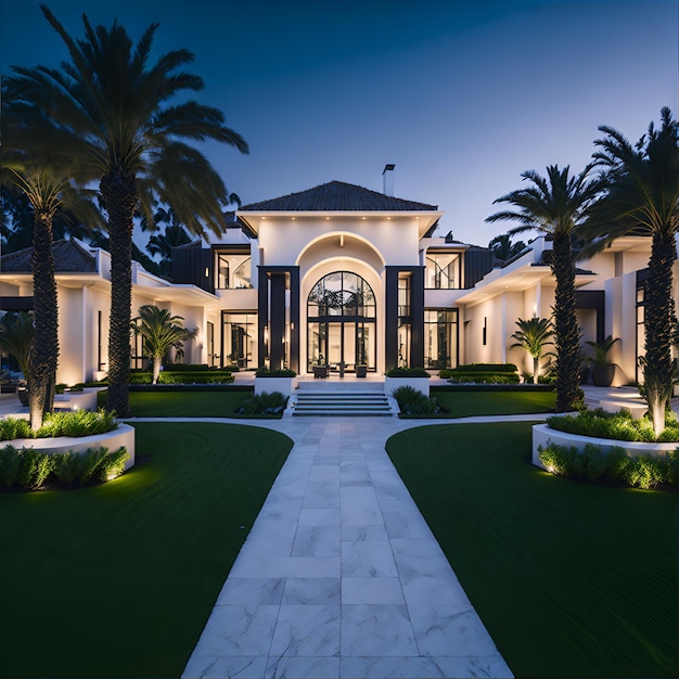 Photo of a modern villa with palm trees and a beautiful walkway