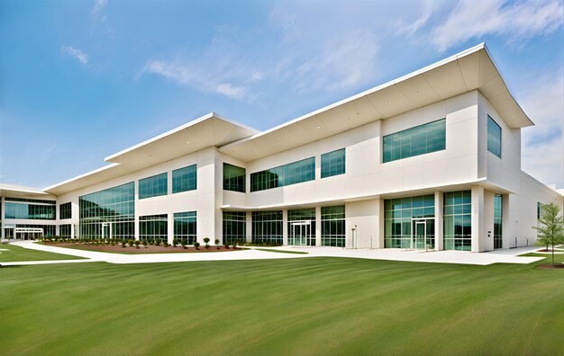 Photo of a modern white building with a minimalist design and lots of windows