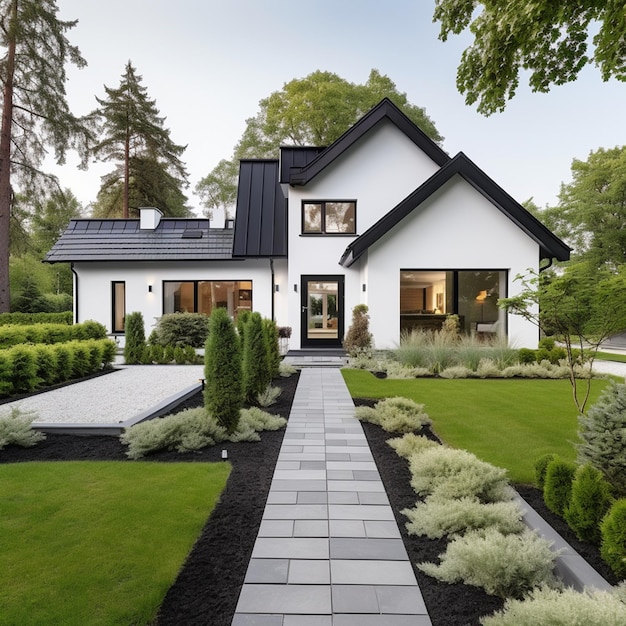 Photo modern white cottage with lawn and walkway scandinavian style house exterior