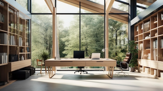 A photo of a modern workspace with large windows natural daylight