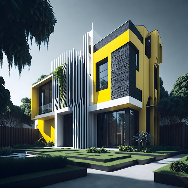 Photo of a modern yellow and white building with numerous windows created AI