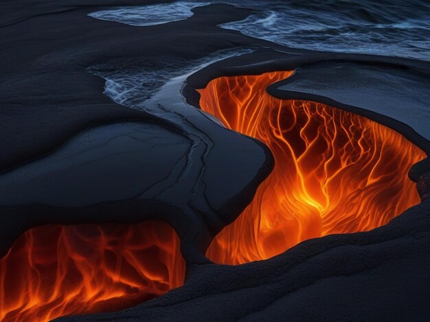 Foto foto del flusso di lava di vetro fuso del carnevale sul giorno islandese della terra nera