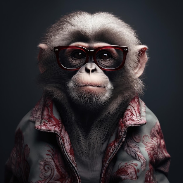 PHOTO A monkey wearing a jacket and glasses is sitting in a dark room