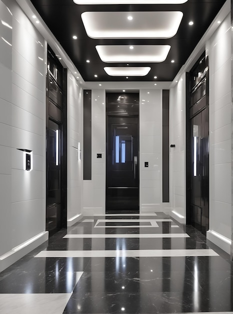 Photo of a monochrome hallway with contrasting black and white walls