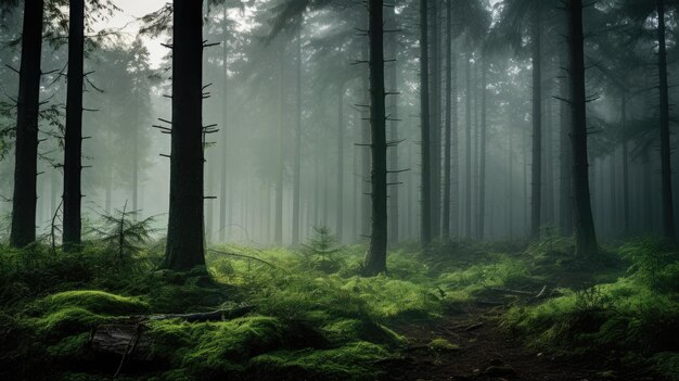 A photo of a moody forest misty morning