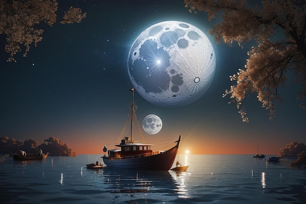 Photo moon and digital art boat
