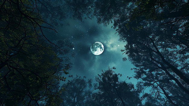 Photo of a moonlit forest view from below looking up