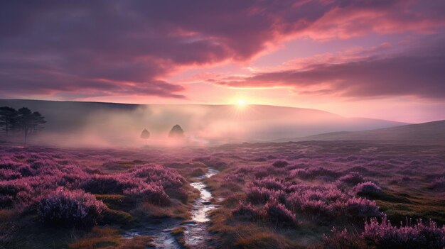 A photo of a moorland with sun dogs heather in bloom