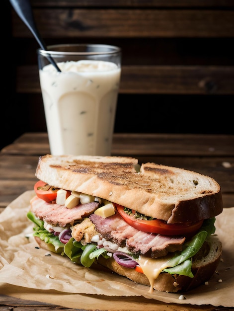 Photo of morning breakfast with bacon sandwich and milk