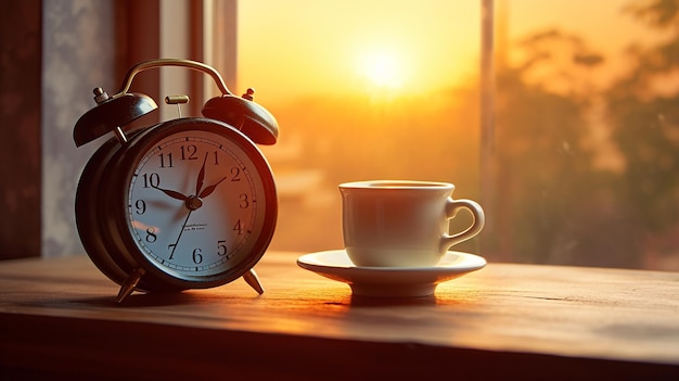 テーブルの上に時計が置かれた朝のコーヒー紅茶の写真