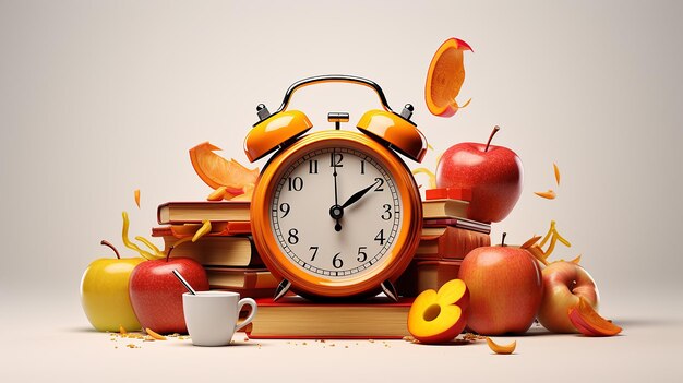 Photo of morning coffee tea with clock on the table