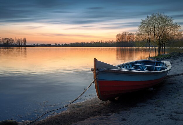 Photo of morning lake view nature with boat