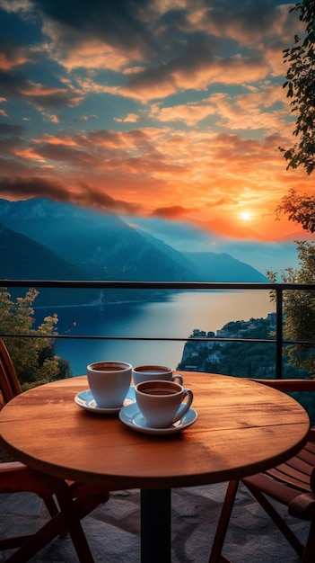 美しい花と日差しで茶やコーヒーを飲む朝の自然の写真