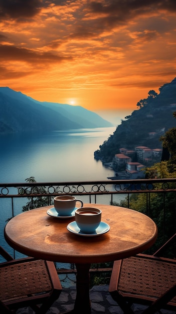 Photo of morning nature with tea or coffee cup with beautiful flowers and sunshine